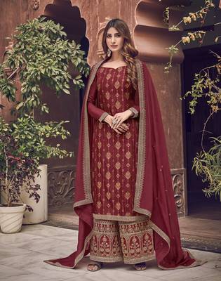 Red embroidered jacquard salwar 1