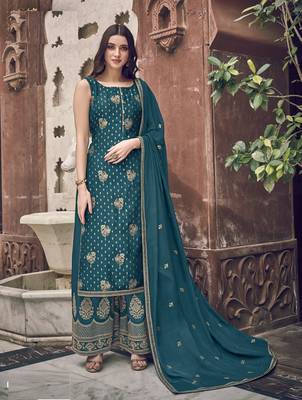 Teal embroidered jacquard salwar 1