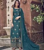 Teal embroidered jacquard salwar