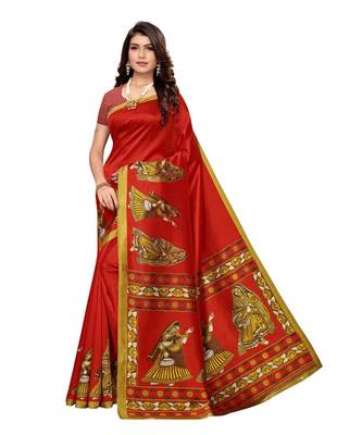 Red Printed Art Silk Saree With Blouse For Women 1