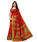 Red Printed Art Silk Saree With Blouse For Women