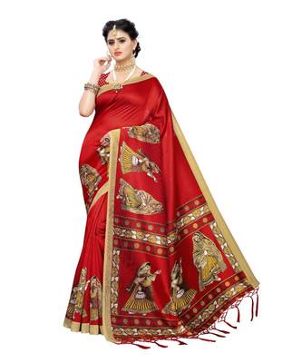 Red Printed Art Silk Saree With Blouse For Women 2