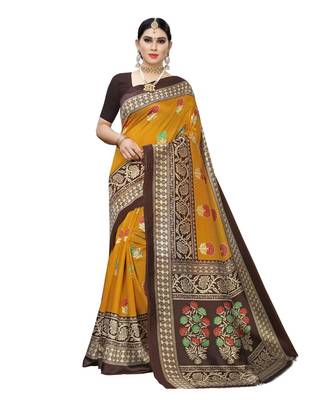 Yellow Floral Printed Art Silk Saree With Blouse For Women 1