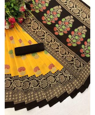 Yellow Floral Printed Art Silk Saree With Blouse For Women 2