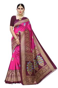 Pink Floral Printed Art Silk Saree With Blouse For Women