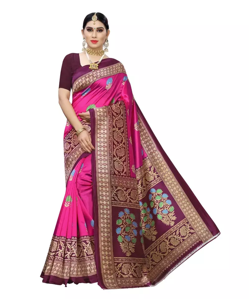Pink Floral Printed Art Silk Saree With Blouse For Women