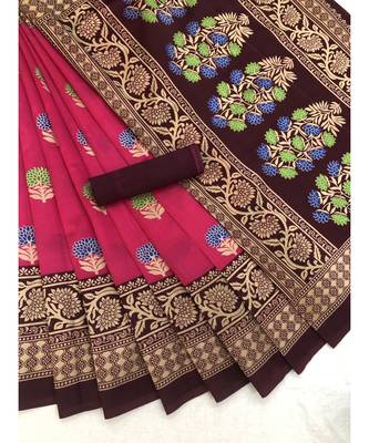 Pink Floral Printed Art Silk Saree With Blouse For Women 2