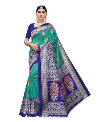 Teal Floral Printed Art Silk Saree With Blouse For Women 1