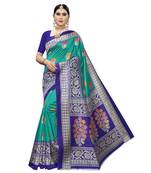 Teal Floral Printed Art Silk Saree With Blouse For Women