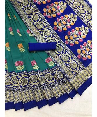 Teal Floral Printed Art Silk Saree With Blouse For Women 2