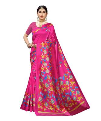 Pink Floral Printed Art Silk Saree With Blouse For Women 1