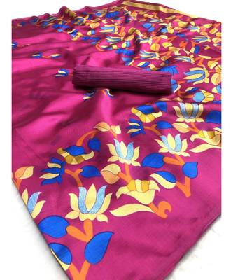 Pink Floral Printed Art Silk Saree With Blouse For Women 2