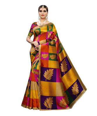 Multicolour Check Printed Art Silk Saree With Blouse For Women 1