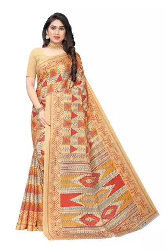 Beige Geometric  Printed Art Silk Saree With Blouse For Women