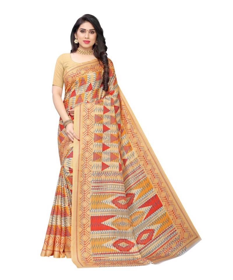 Beige Geometric  Printed Art Silk Saree With Blouse For Women