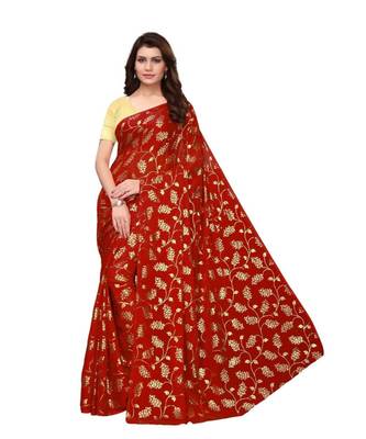 Red Golden Printed Art Silk Saree With Blouse For Women 1