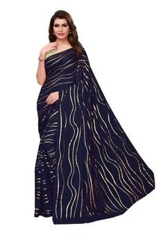 Blue Golden Printed Art Silk Saree With Blouse For Women