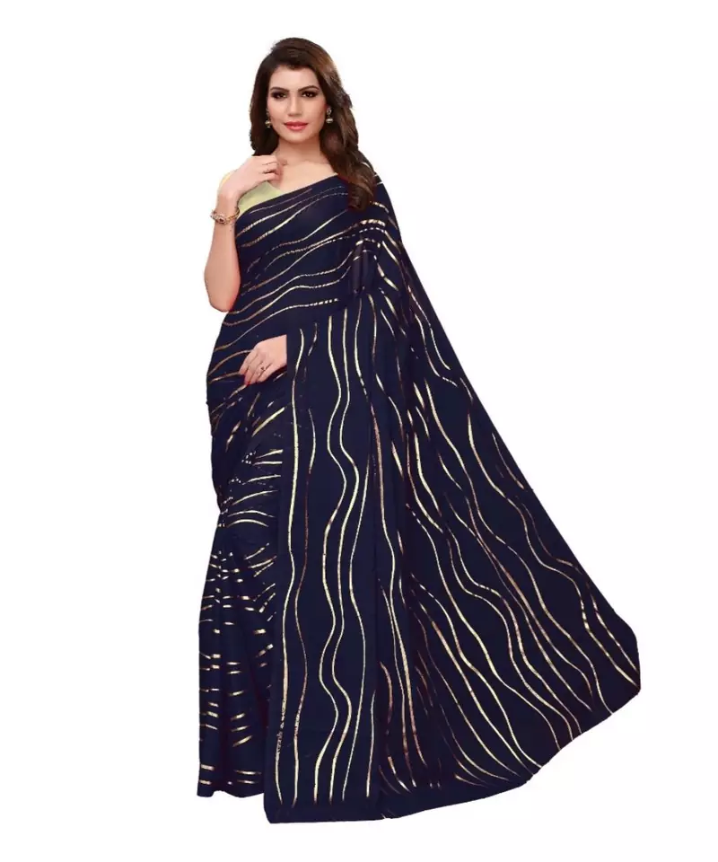 Blue Golden Printed Art Silk Saree With Blouse For Women