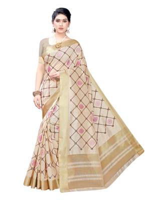 Cream Printed Art Silk Saree With Blouse For Women 1