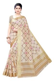 Cream Printed Art Silk Saree With Blouse For Women