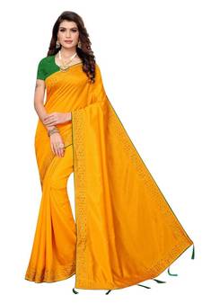 Yellow Stone Work Art Silk Saree With Blouse For Women