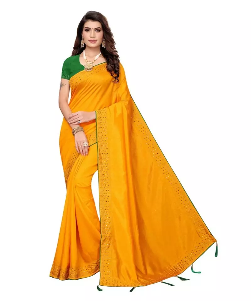 Yellow Stone Work Art Silk Saree With Blouse For Women
