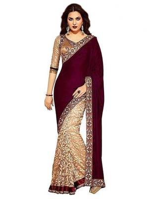 Maroon Velvet Saree With Blouse For Women 1