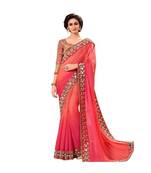 Pink Mirror Work Georgette Saree With Blouse For Women