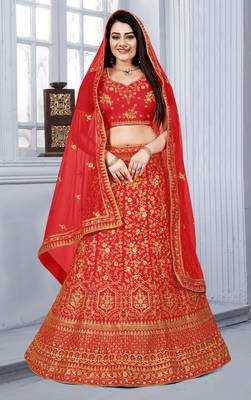 Red embroidered silk semi stitched bridal lehenga 1