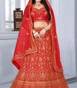 Red embroidered silk semi stitched bridal lehenga