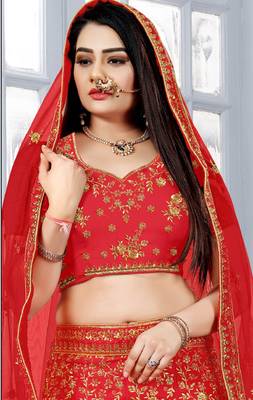 Red embroidered silk semi stitched bridal lehenga 2
