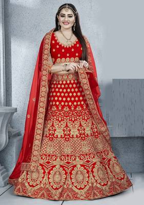 Red zari embroidered silk semi stitched Wedding lehenga 1