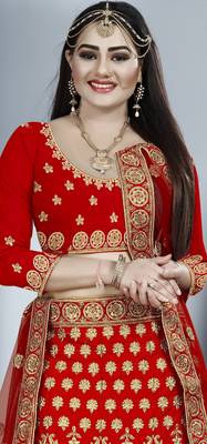 Red zari embroidered silk semi stitched Wedding lehenga 2