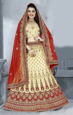 Beige zari embroidered silk semi stitched Wedding lehenga 1