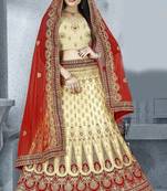 Beige zari embroidered silk semi stitched Wedding lehenga