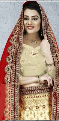 Beige zari embroidered silk semi stitched Wedding lehenga 2