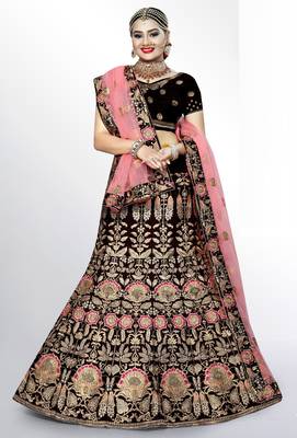 Maroon embroidered velvet semi stitched bridal lehenga 1