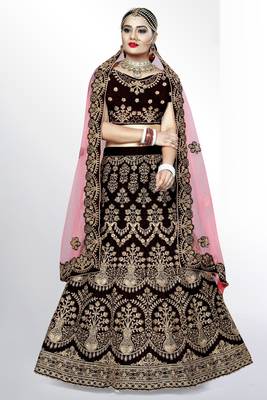 Maroon embroidered velvet Semi Stitched bridal lehenga 1