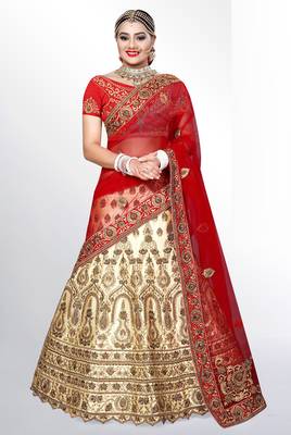 Beige embroidered velvet semi stitched lehenga 1