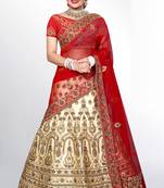 Beige embroidered velvet semi stitched lehenga