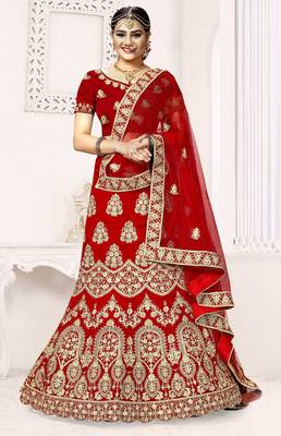 Red zari embroidered velvet semi stitched lehenga 1