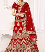 Red zari embroidered velvet semi stitched lehenga