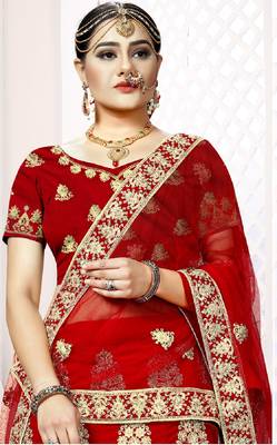 Red zari embroidered velvet semi stitched lehenga 2