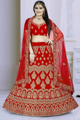 Red embroidered velvet semi stitched bridal lehenga 1