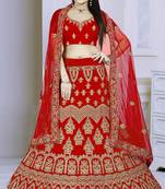 Red embroidered velvet semi stitched bridal lehenga