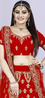 Red embroidered velvet semi stitched bridal lehenga 2