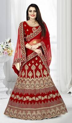 Red zari embroidered velvet semi stitched Wedding lehenga 1
