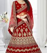 Red zari embroidered velvet semi stitched Wedding lehenga