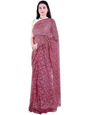 Lavangi Light Dark Maroon Hand Embroidered Lucknow Chikan Tepchi WorK Faux Georgette Saree with Blouse 1