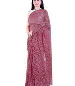Lavangi Light Dark Maroon Hand Embroidered Lucknow Chikan Tepchi WorK Faux Georgette Saree with Blouse